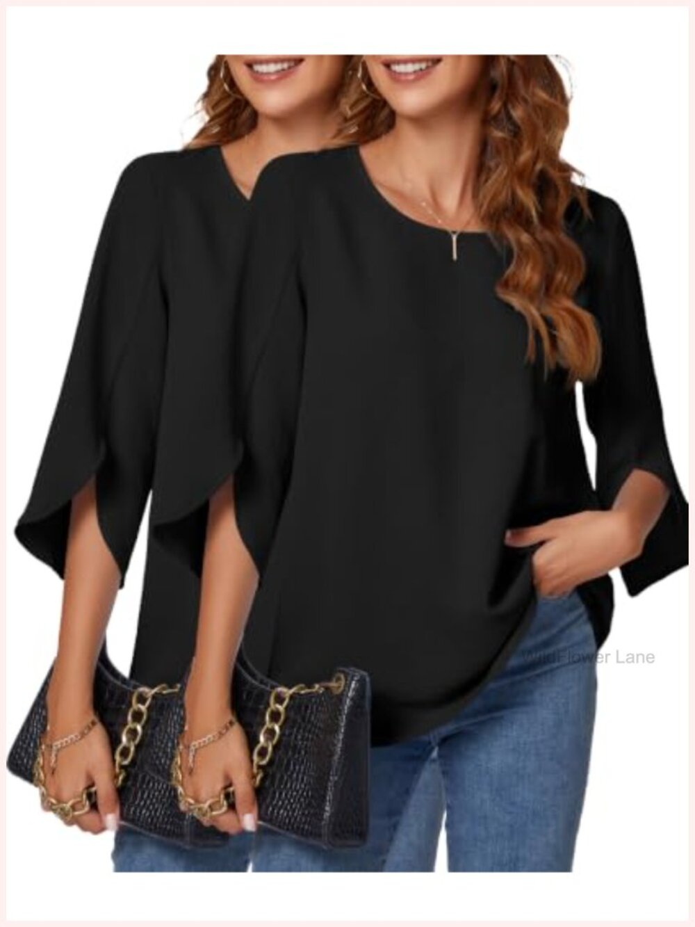 Womens 3/4 Sleeve Blouse Split Bell Sleeve Business Casual Work Top